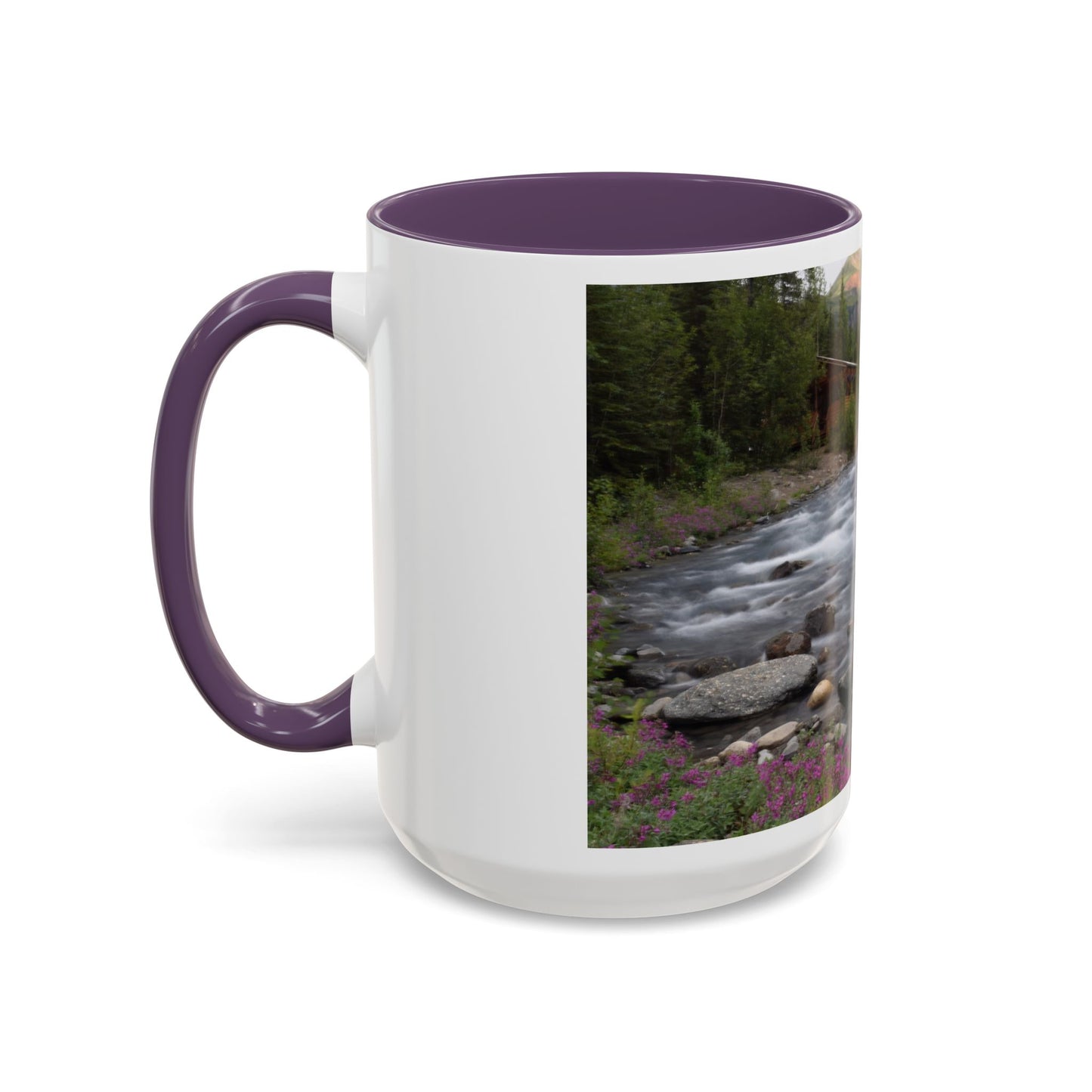 Mountain River Accent Coffee Mug — Scenic Cabin Stream Nature Gift