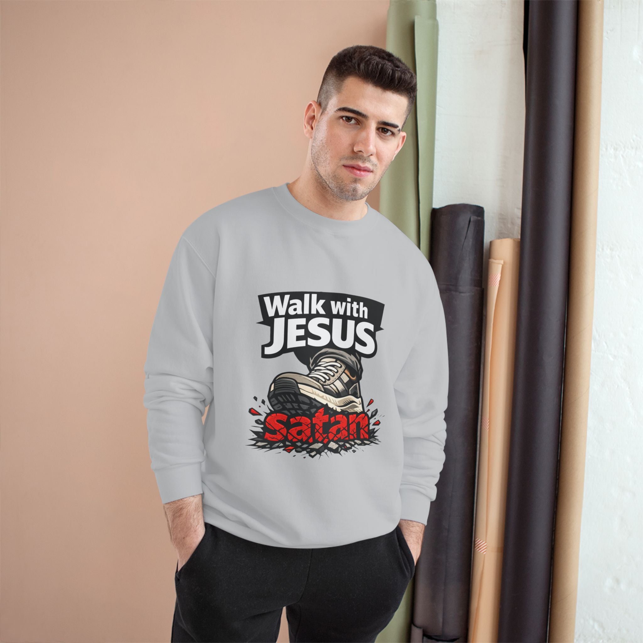 Religious Sweatshirt - "Walk with Jesus" Graphic Crewneck (Anti-Satan Design)