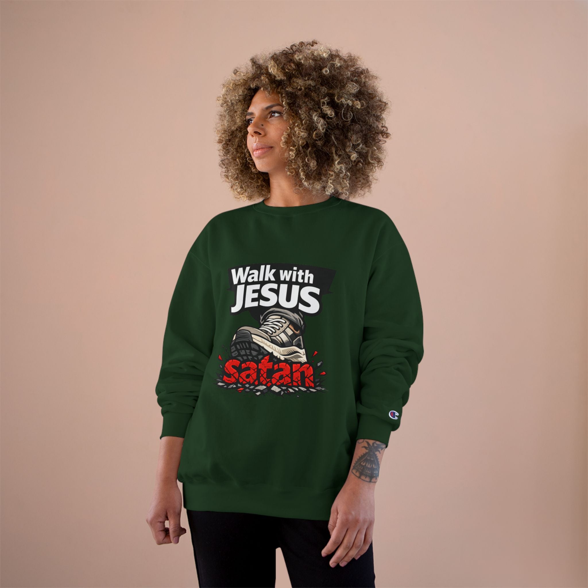 Religious Sweatshirt - "Walk with Jesus" Graphic Crewneck (Anti-Satan Design)