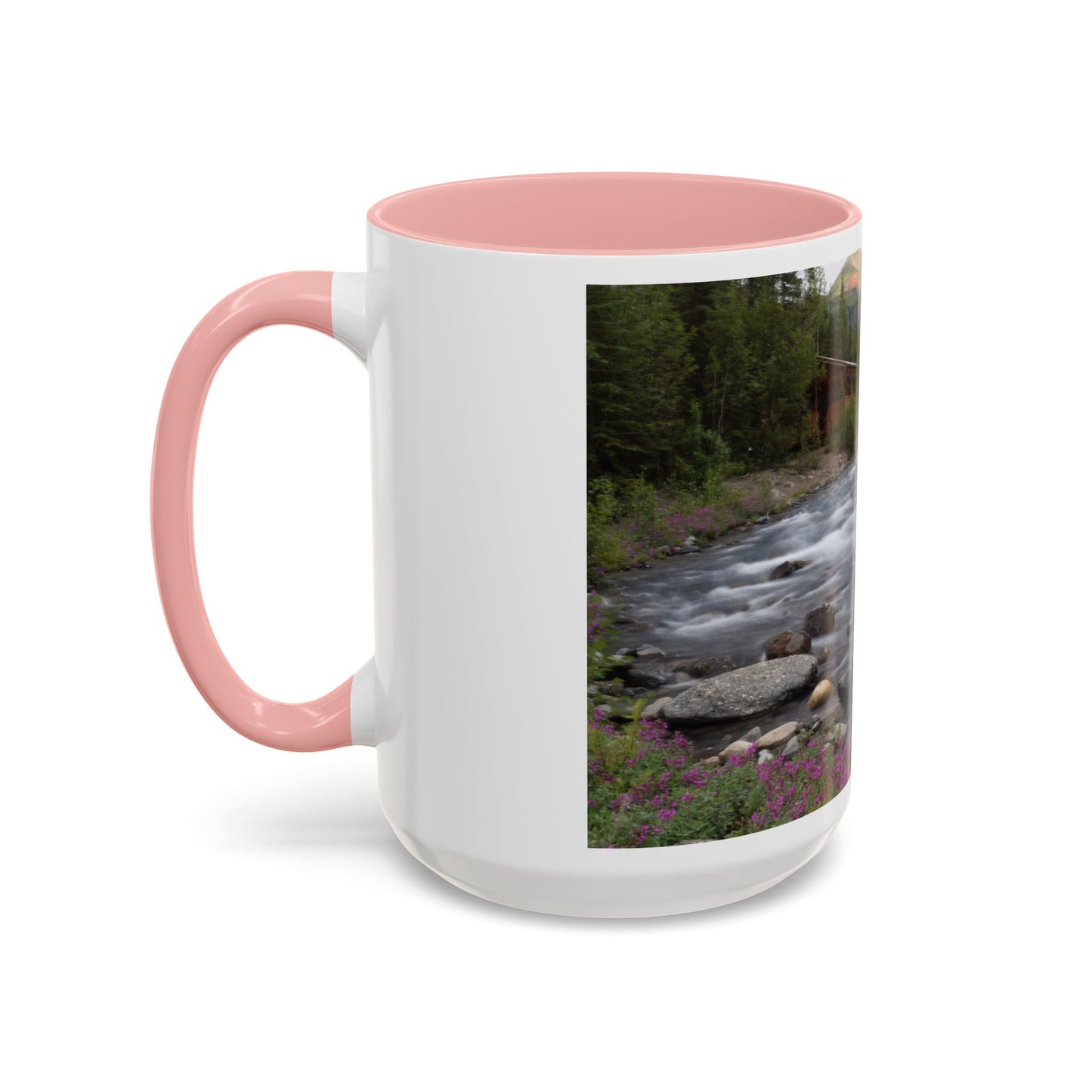 Mountain River Accent Coffee Mug — Scenic Cabin Stream Nature Gift
