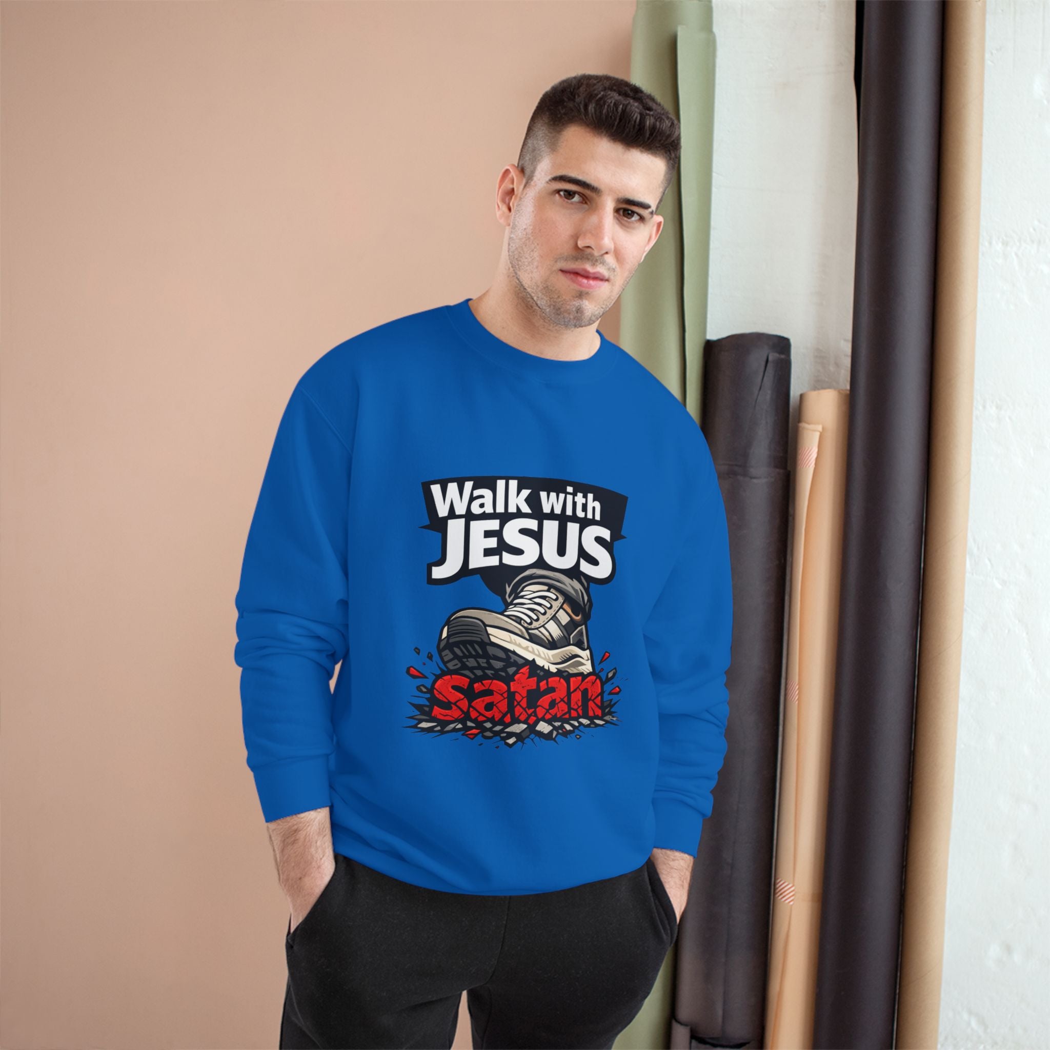 Religious Sweatshirt - "Walk with Jesus" Graphic Crewneck (Anti-Satan Design)