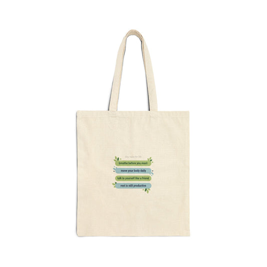 Tiny Rules for Life list tote, minimalist self-care mantra canvas tote