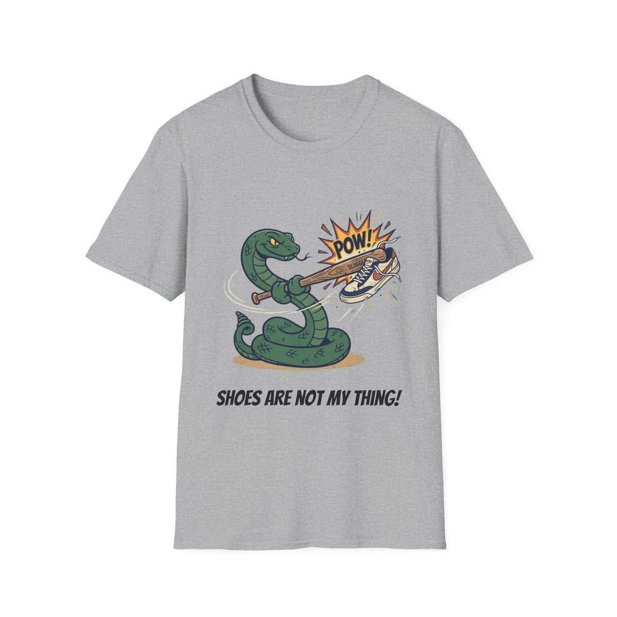 Snake Hitting Shoe 'POW!' T-Shirt - Funny 'Shoes Are Not My Thing' Graphic Tee