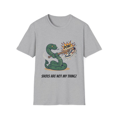 Snake Hitting Shoe 'POW!' T-Shirt - Funny 'Shoes Are Not My Thing' Graphic Tee