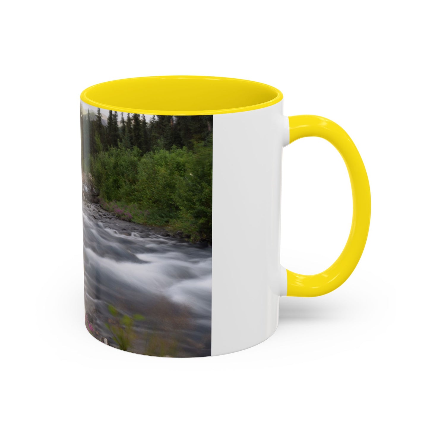 Mountain River Accent Coffee Mug — Scenic Cabin Stream Nature Gift