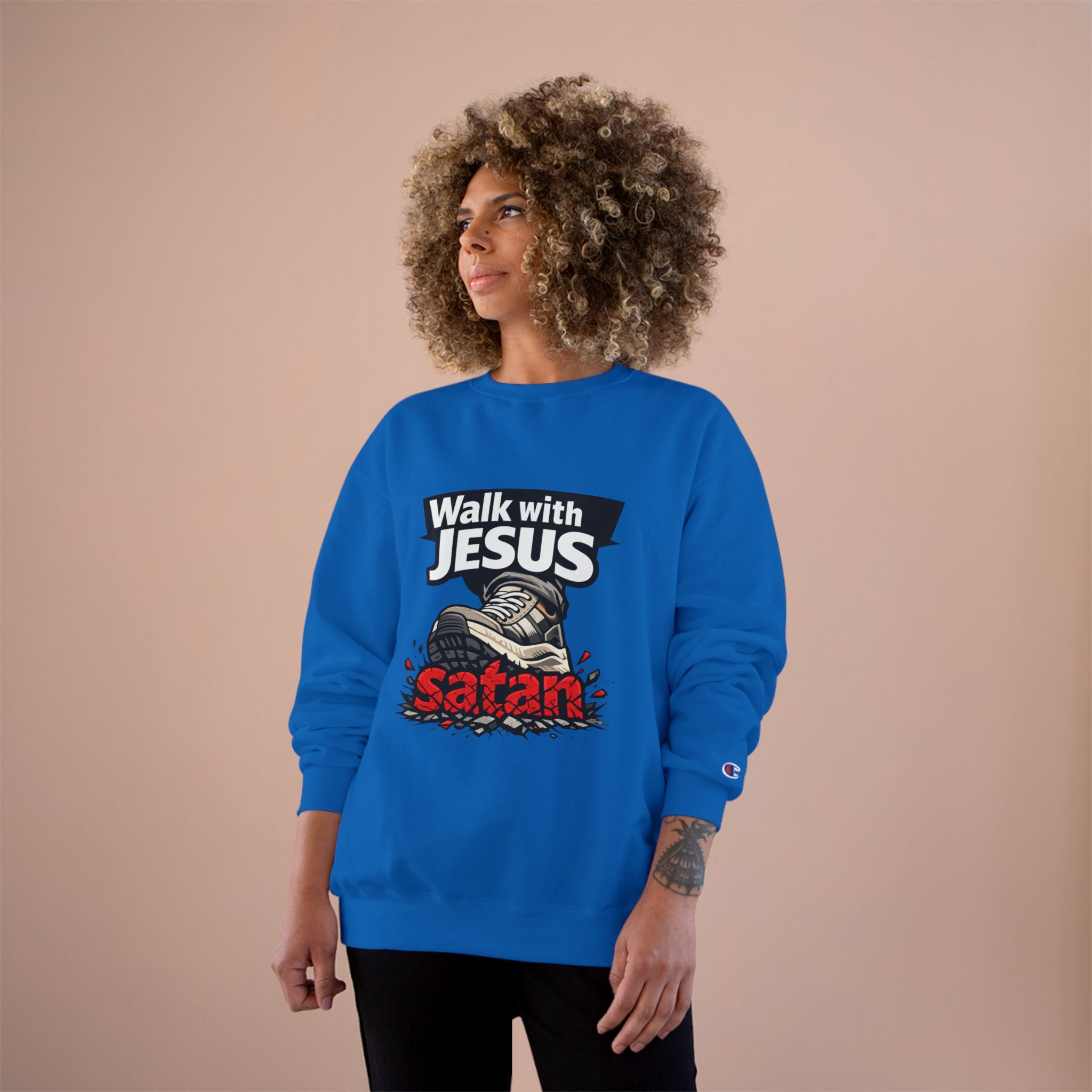 Religious Sweatshirt - "Walk with Jesus" Graphic Crewneck (Anti-Satan Design)