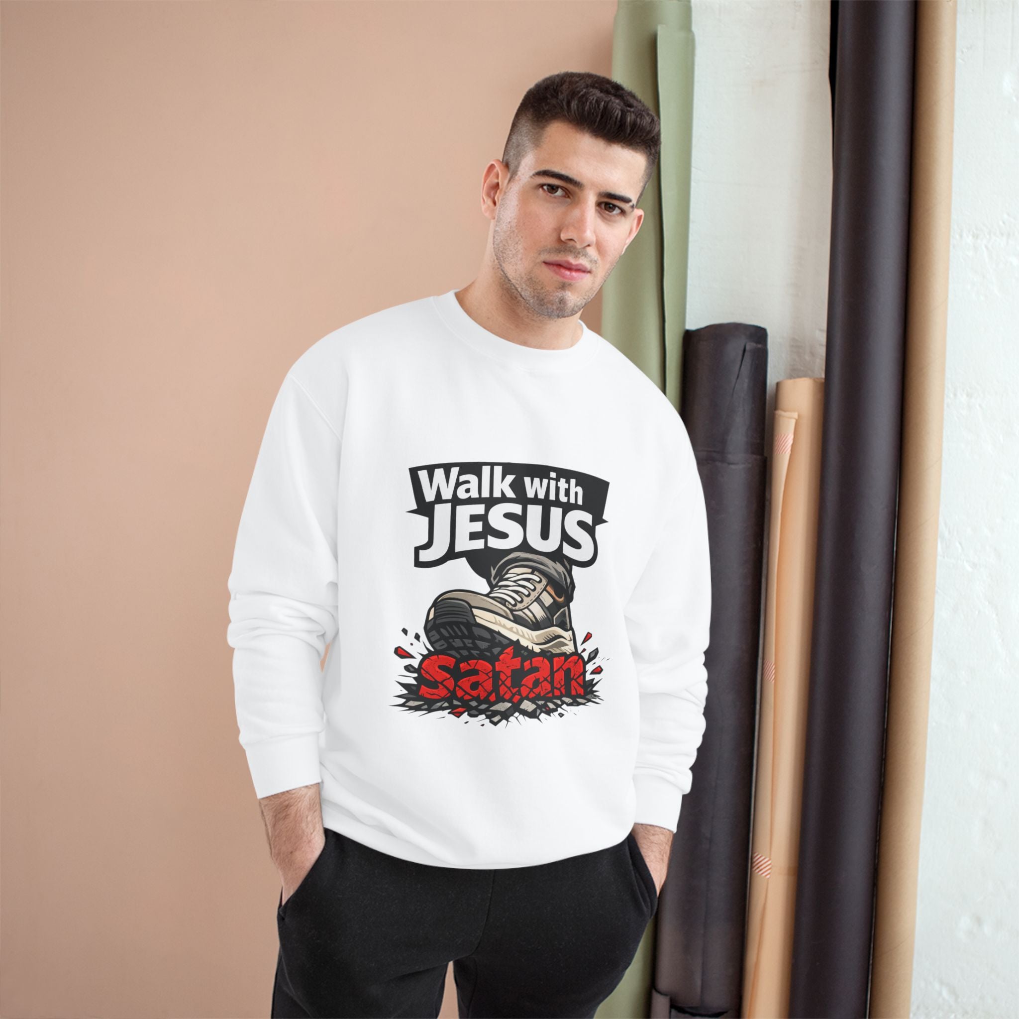 Religious Sweatshirt - "Walk with Jesus" Graphic Crewneck (Anti-Satan Design)