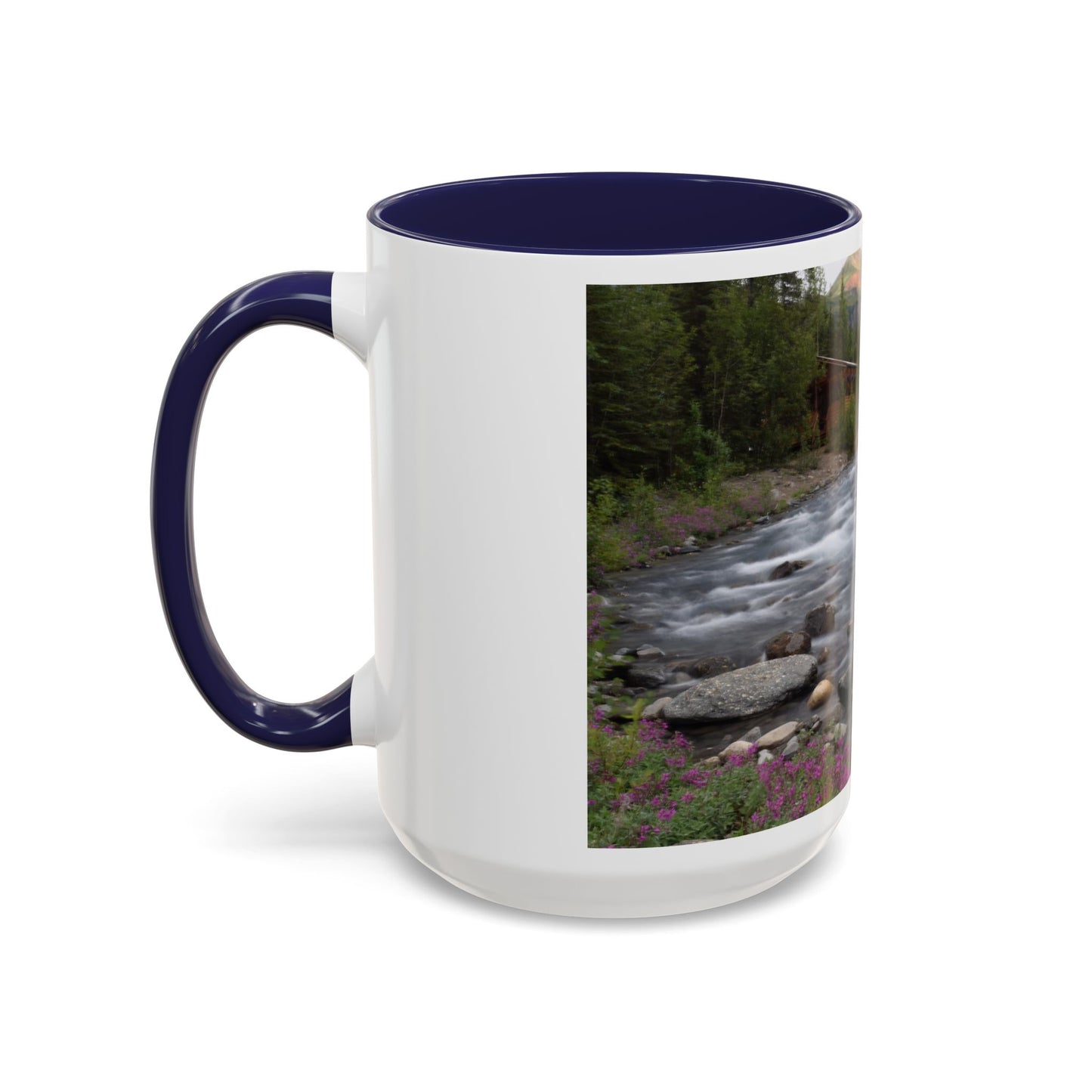 Mountain River Accent Coffee Mug — Scenic Cabin Stream Nature Gift
