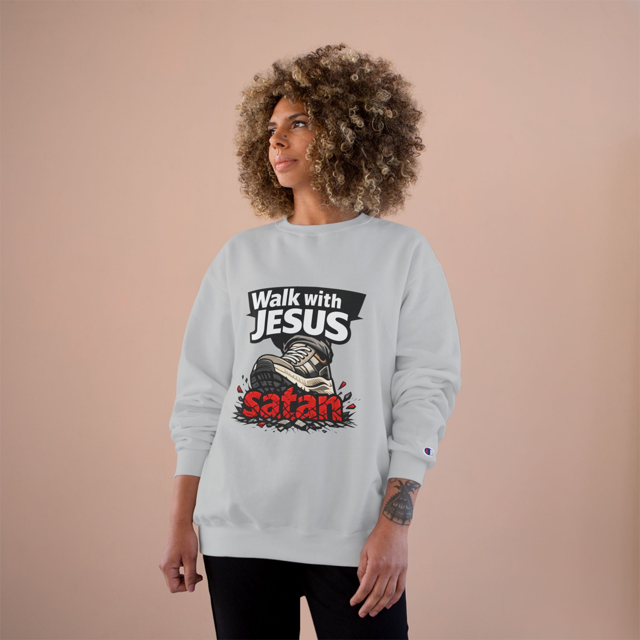 Religious Sweatshirt - "Walk with Jesus" Graphic Crewneck (Anti-Satan Design)