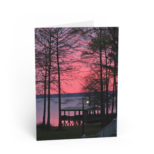 Lake Sunset Greeting Card — Pink Twilight Dock Note Card