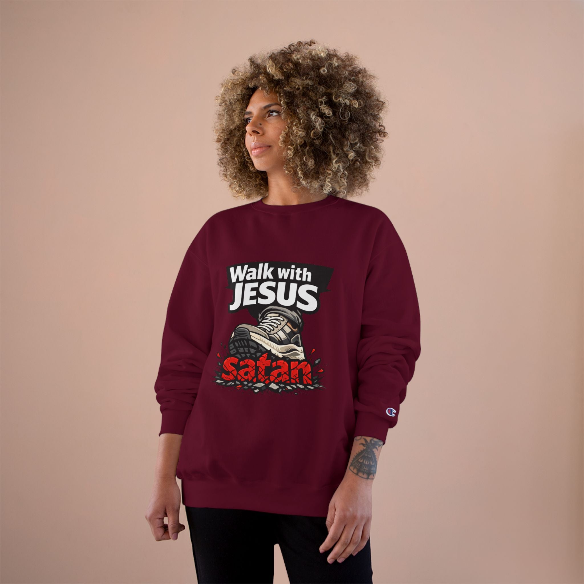 Religious Sweatshirt - "Walk with Jesus" Graphic Crewneck (Anti-Satan Design)