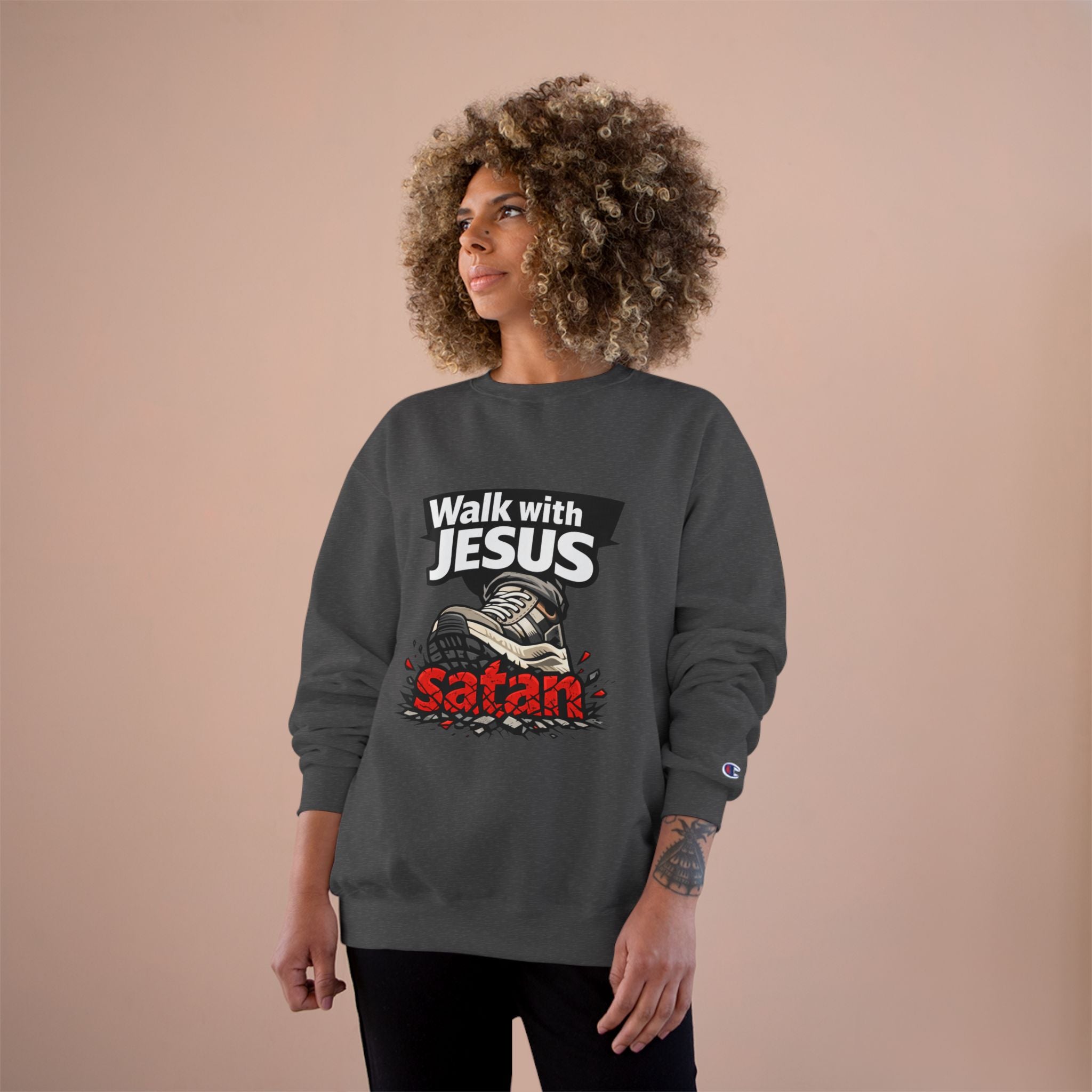 Religious Sweatshirt - "Walk with Jesus" Graphic Crewneck (Anti-Satan Design)