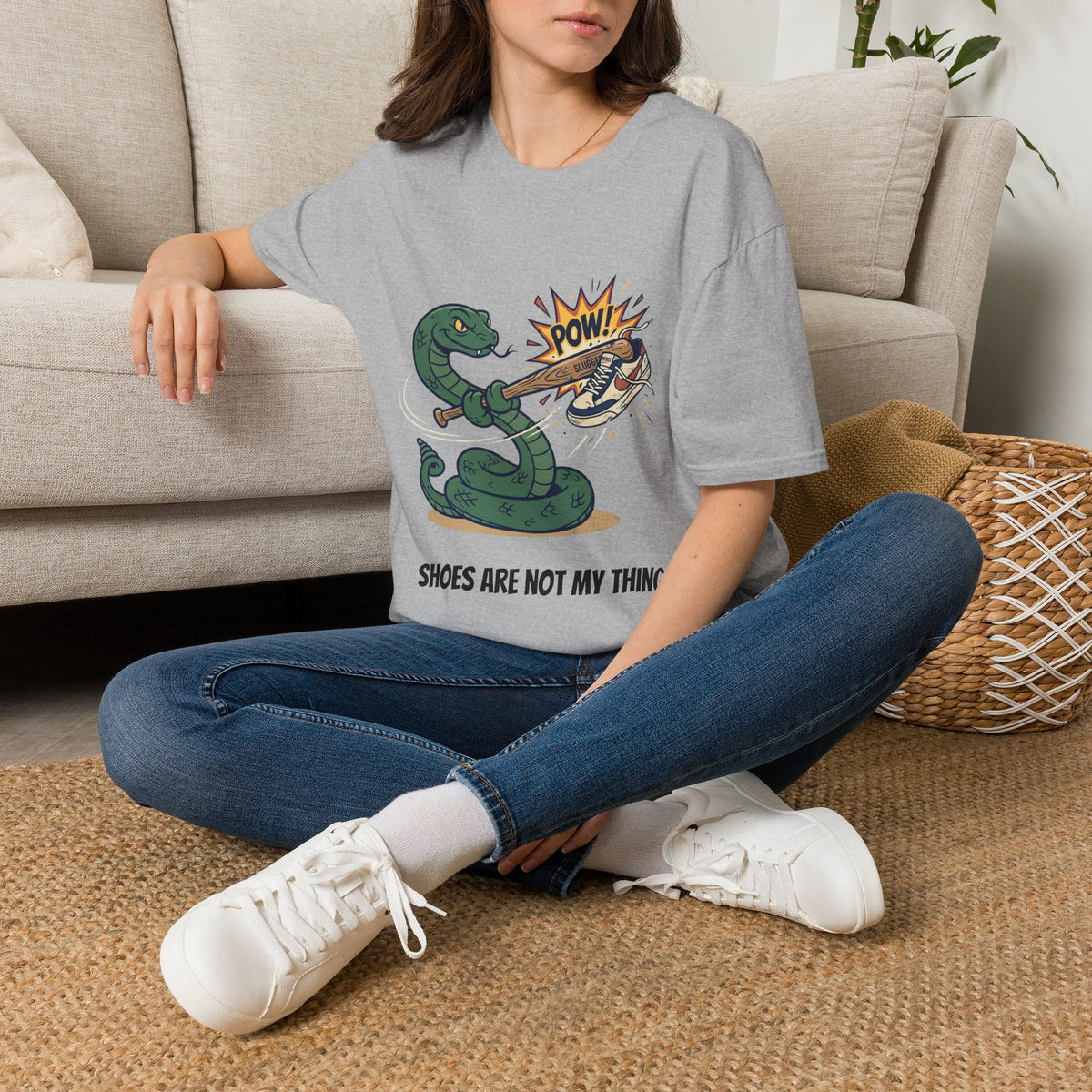 Snake Hitting Shoe 'POW!' T-Shirt - Funny 'Shoes Are Not My Thing' Graphic Tee
