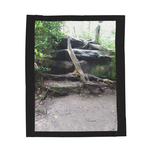 Forest Rock Path Velveteen Plush Blanket — Nature Photo Cozy Throw