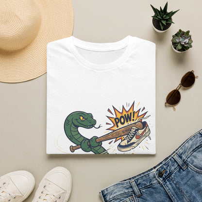 Snake Hitting Shoe 'POW!' T-Shirt - Funny 'Shoes Are Not My Thing' Graphic Tee