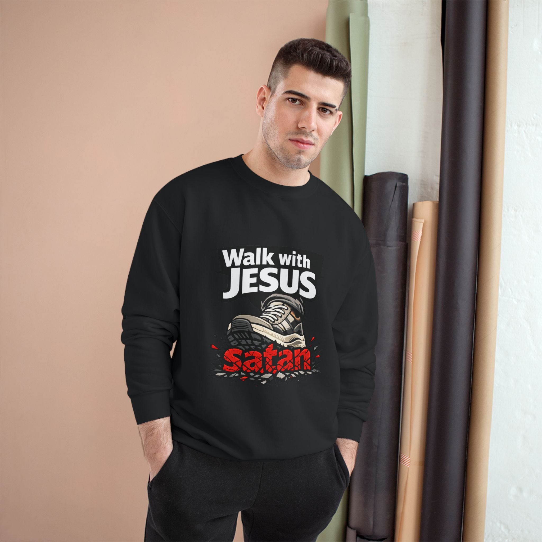 Religious Sweatshirt - "Walk with Jesus" Graphic Crewneck (Anti-Satan Design)