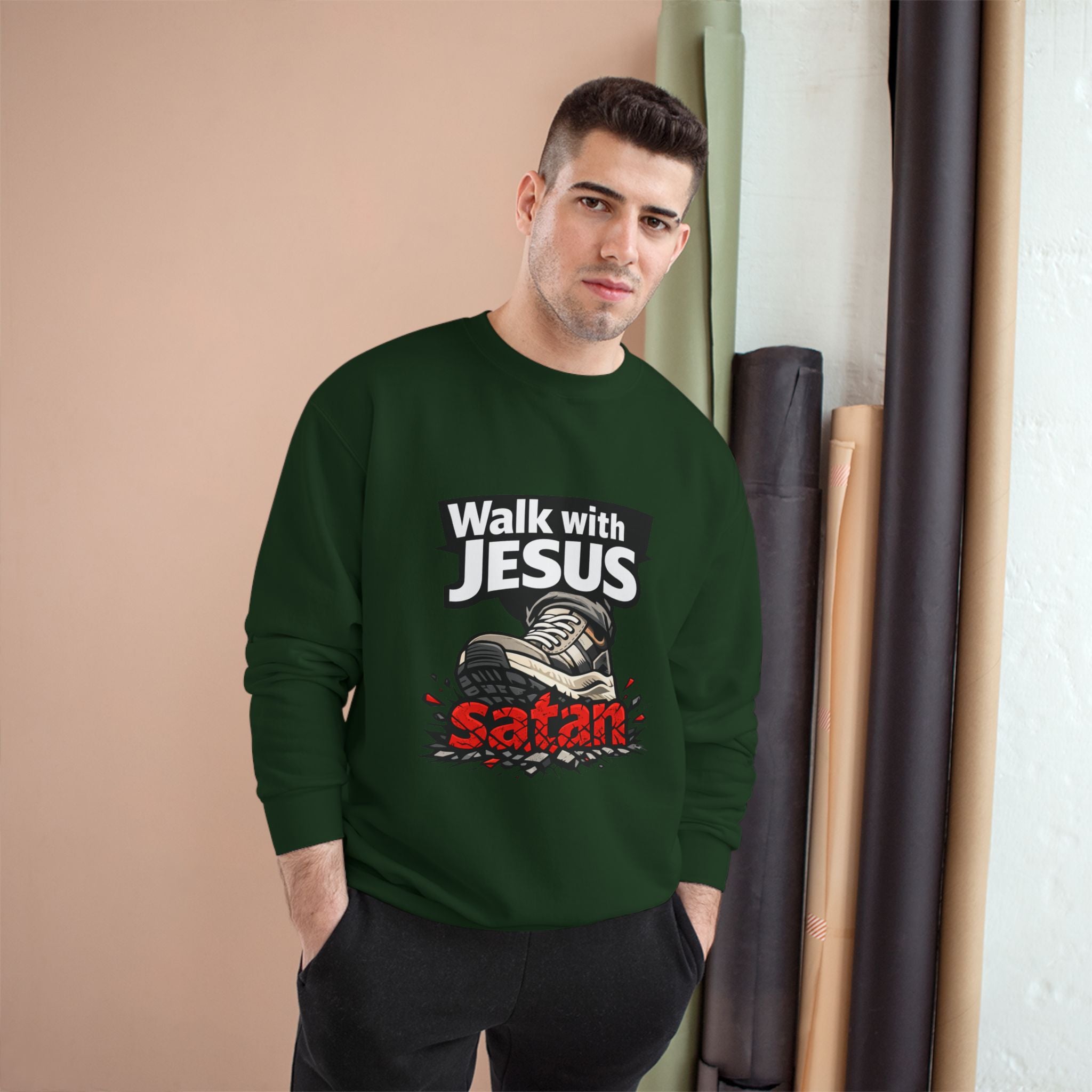 Religious Sweatshirt - "Walk with Jesus" Graphic Crewneck (Anti-Satan Design)