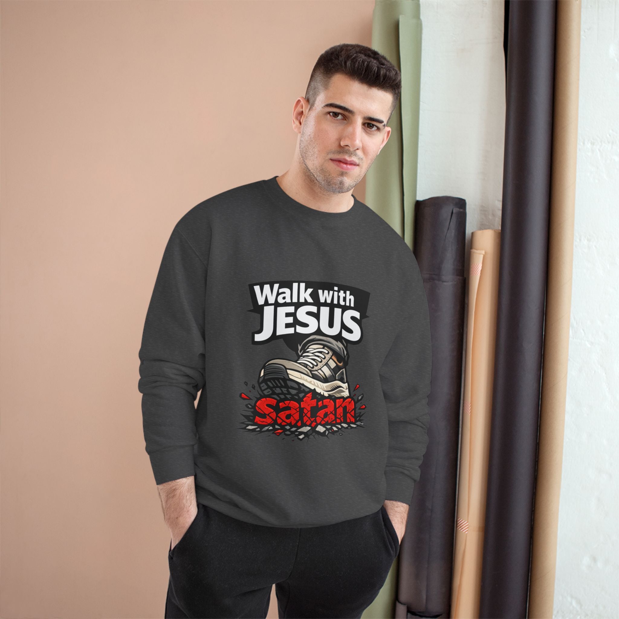 Religious Sweatshirt - "Walk with Jesus" Graphic Crewneck (Anti-Satan Design)