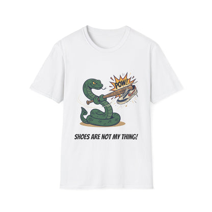 Snake Hitting Shoe 'POW!' T-Shirt - Funny 'Shoes Are Not My Thing' Graphic Tee