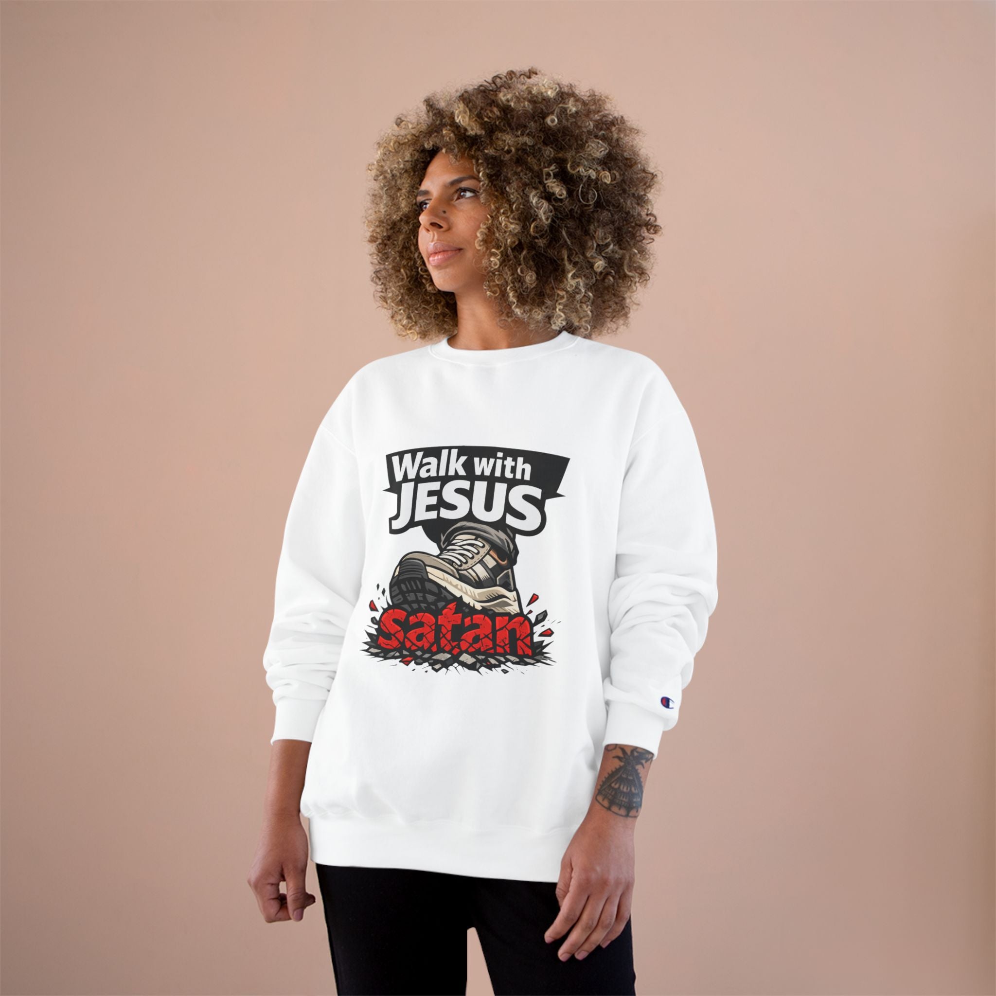 Religious Sweatshirt - "Walk with Jesus" Graphic Crewneck (Anti-Satan Design)